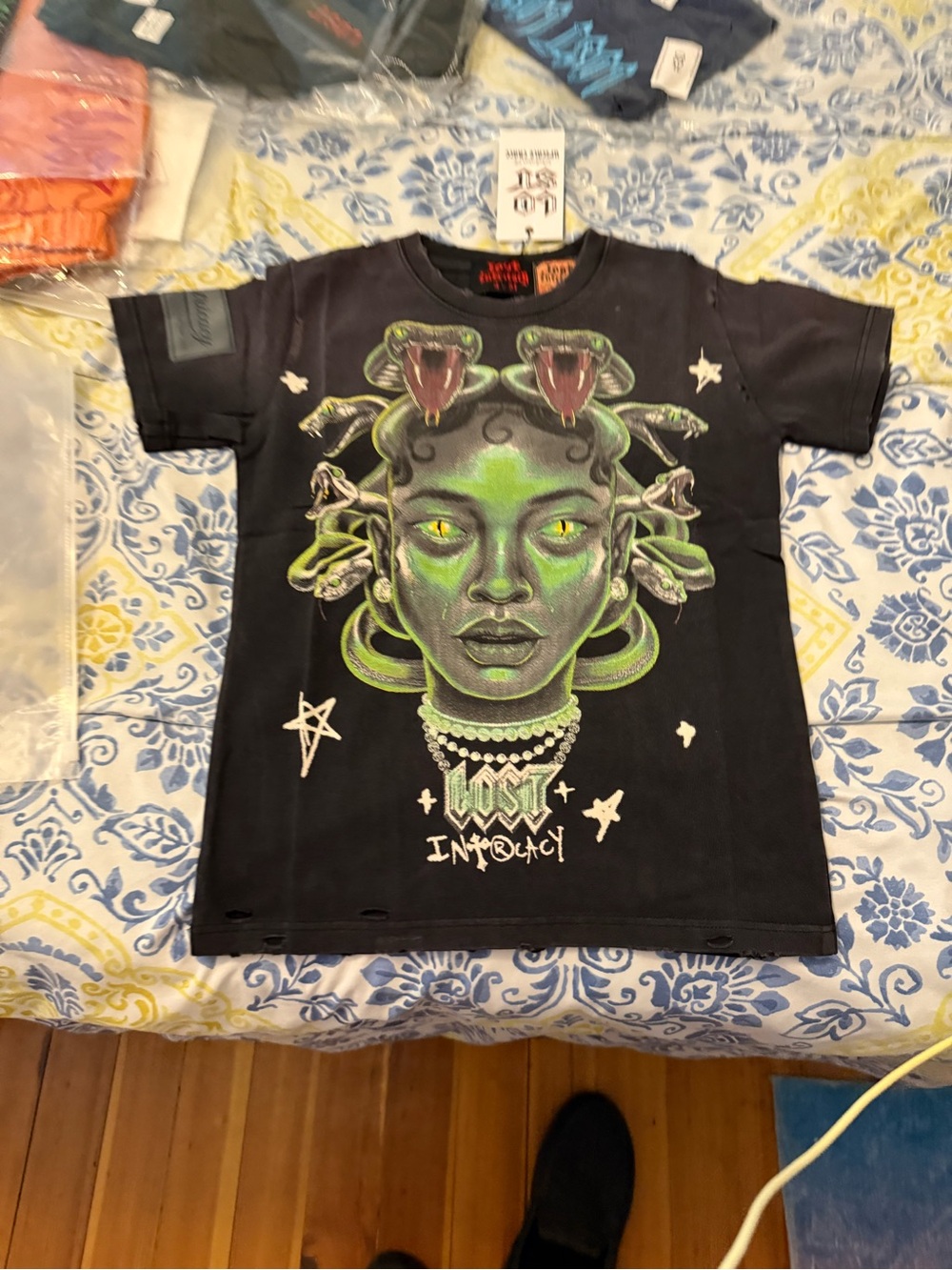 Lost Intricacy Kids Size 4 to 5T Black Graphic Medusa Tee with Neon Green Detail